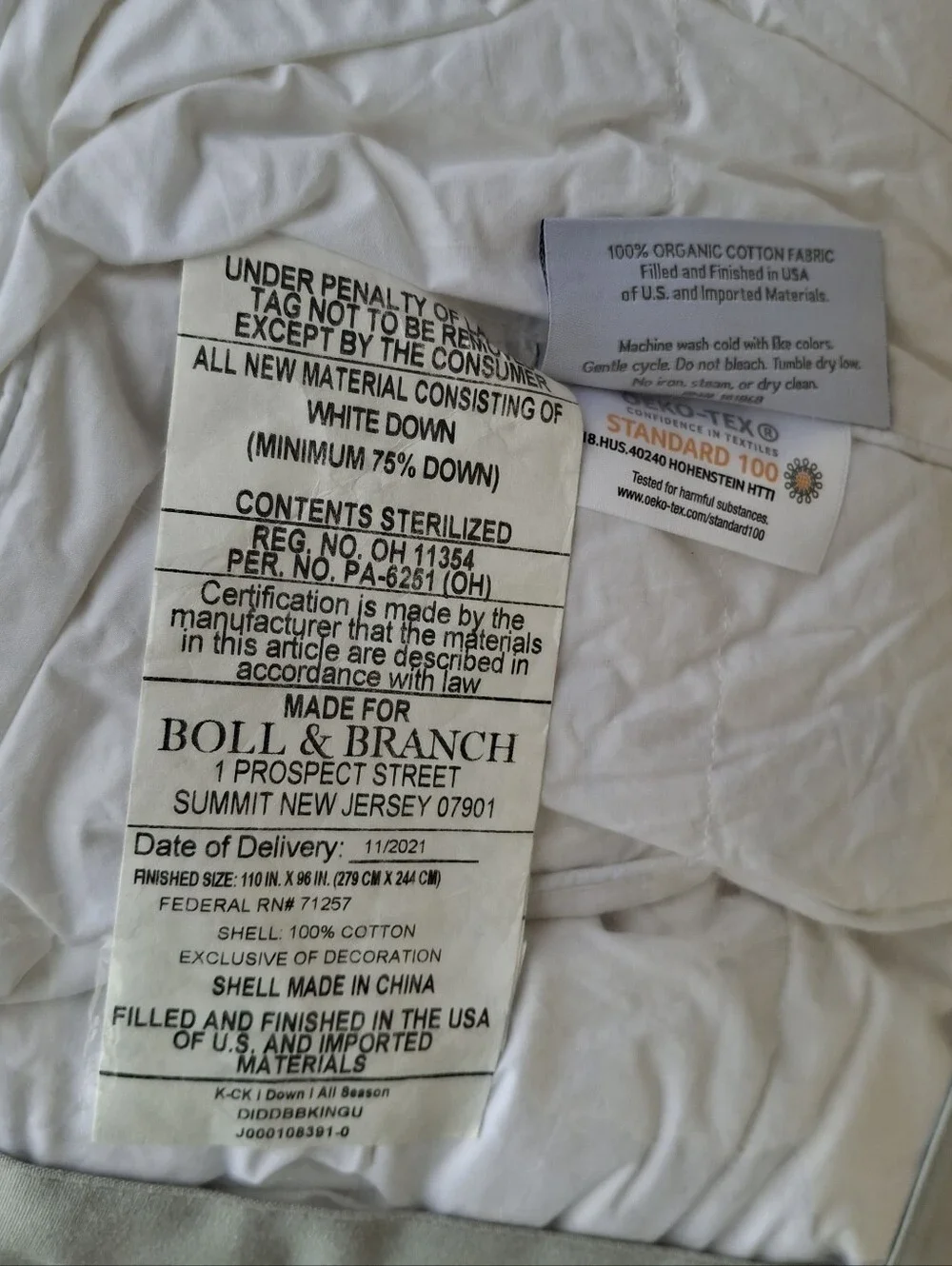 Boll & Branch White Organic Cotton Down Filled All Season King Duvet Insert New